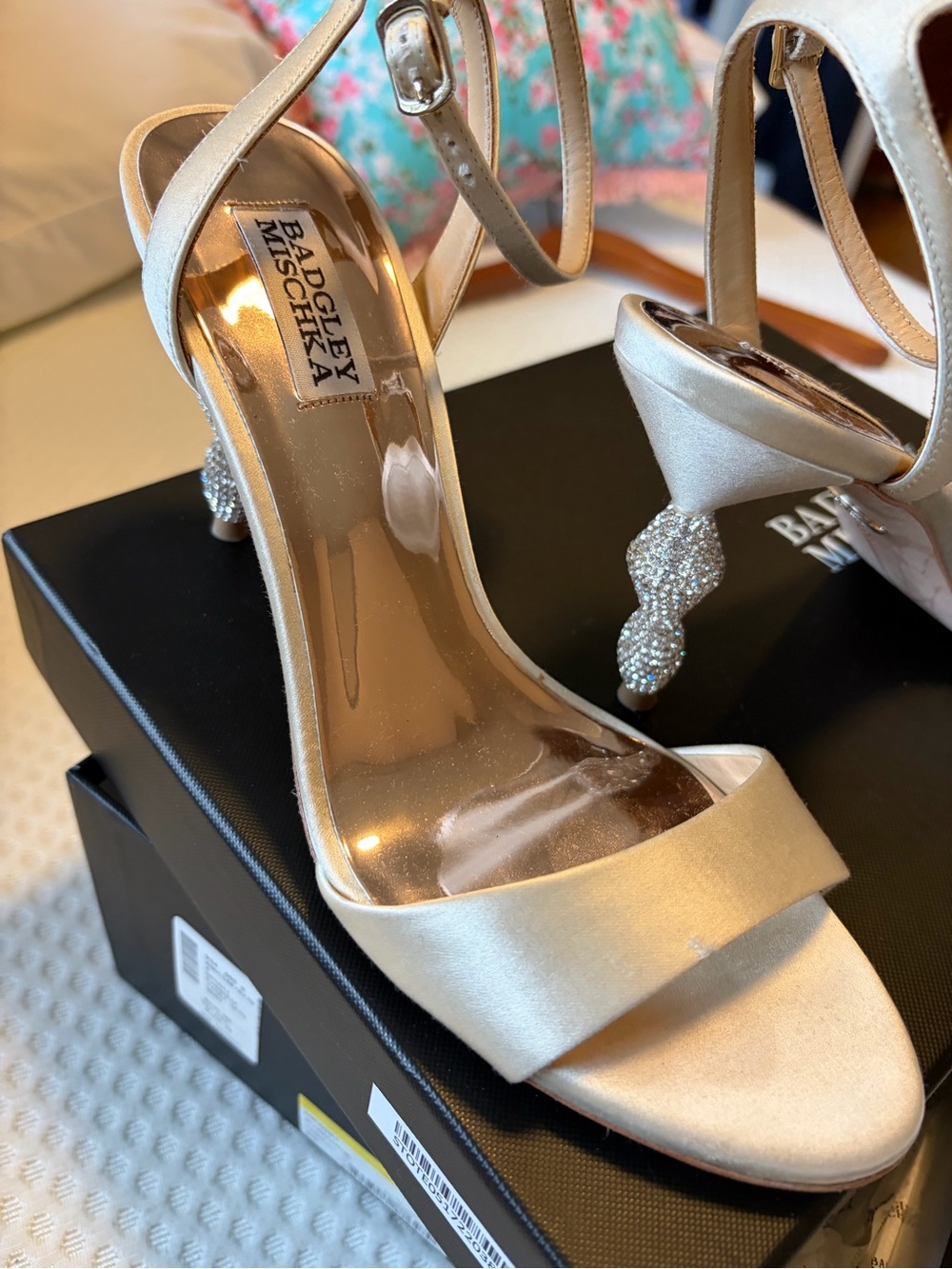 Badgley Mischka Champagne Satin Embellished Heel Sandals